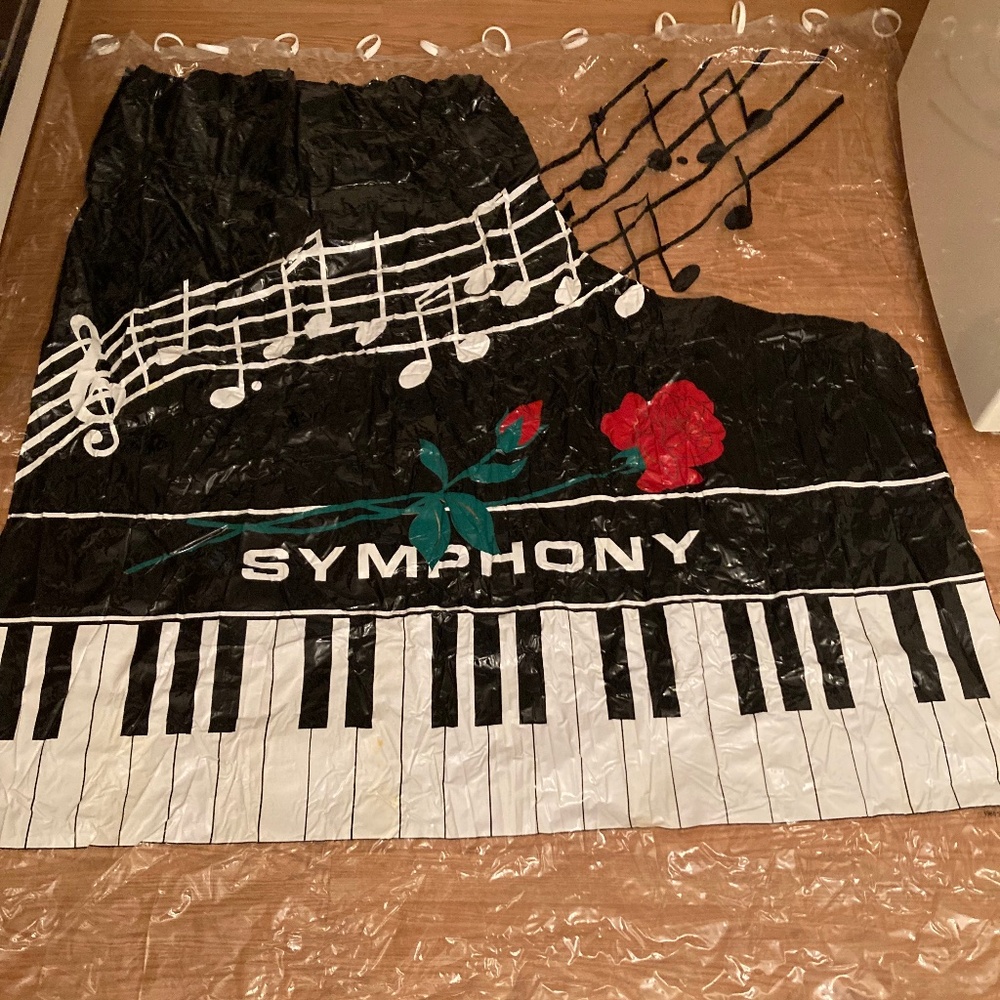 Shower Curtain Music Notes Piano Keys Roses Plastic with Set of White Hooks VGUC
